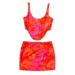 White Fox Pink Orange Cherub Angel Print Corset Top and Mini Skirt Set Small